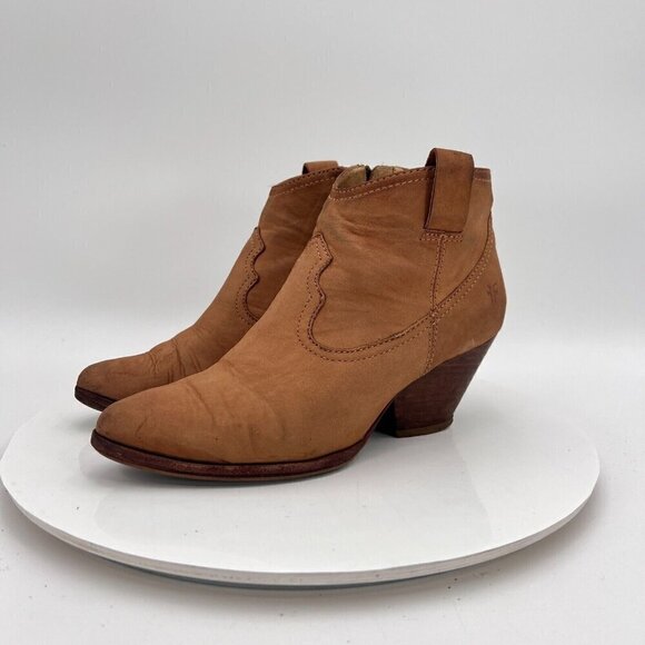Frye Reina Women Size 5.5M Brown Cognac Suede Side Zip Heel Block Ankle Boot - Picture 1 of 16